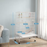 PawHut Rolling Bird Cage with Stand – Steel, Toys, Perches and Wheels, 79 x 49 x 133cm, White