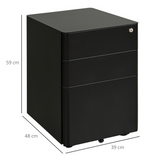 Vinsetto 3-Drawer Lockable Mobile Filing Cabinet with Steel Body & Wheels – Under-Desk Office Storage, Black