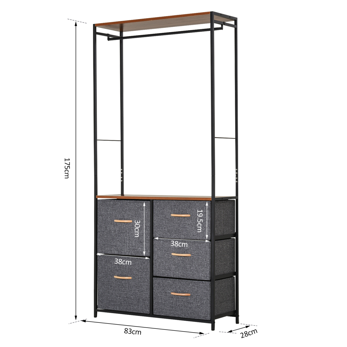 HOMCOM 175 x 83cm Freestanding Coat Rack with Steel Frame, Hanging Rail and Drawers – Black/Brown