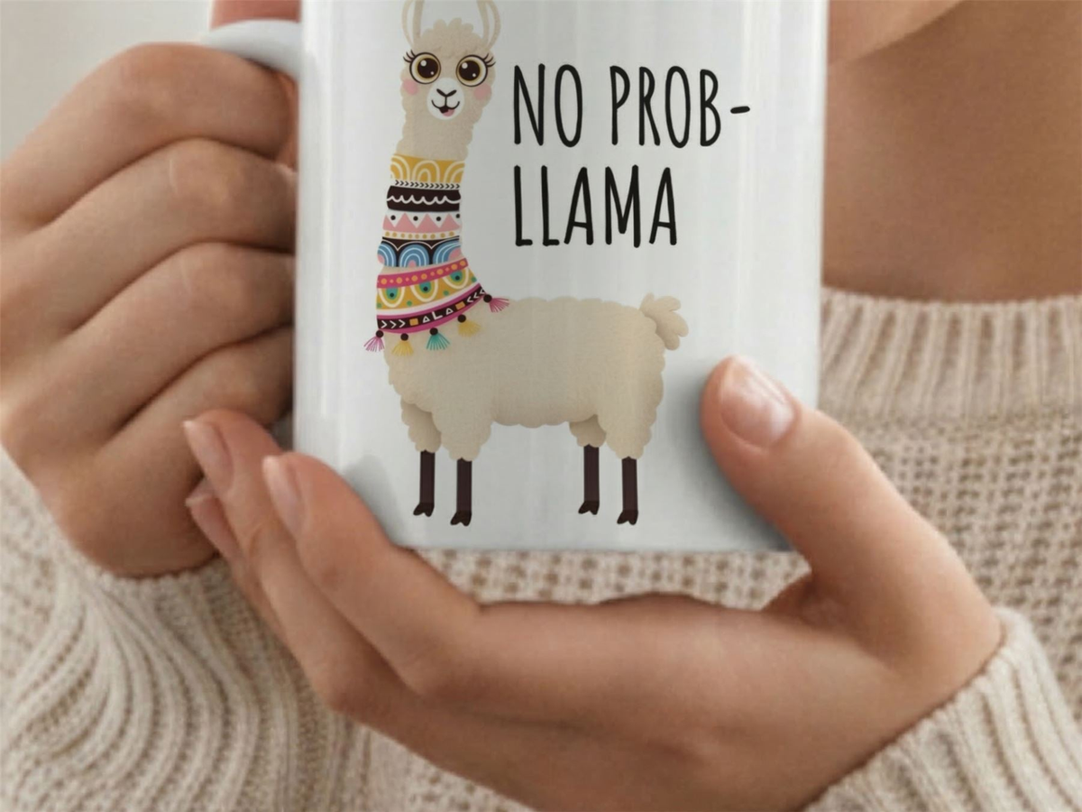 Funny No Prob Llama Ceramic Coffee Mug, 320ml – Cute Llama Quote Gift for Animal Lovers, White