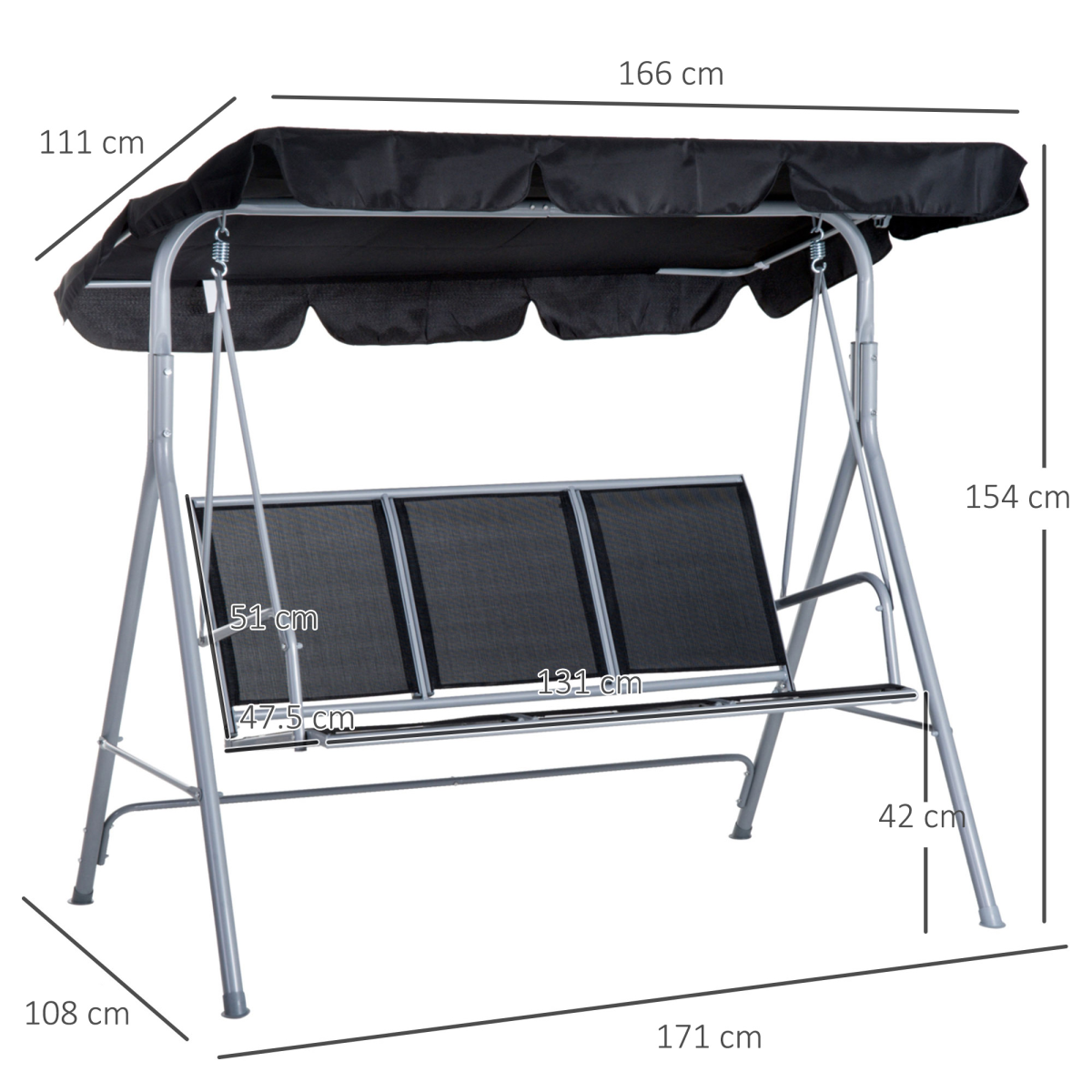 Outsunny 3-Seater Outdoor Swing Chair with UV-Protected Canopy, Metal Frame – Garden Patio, Black
