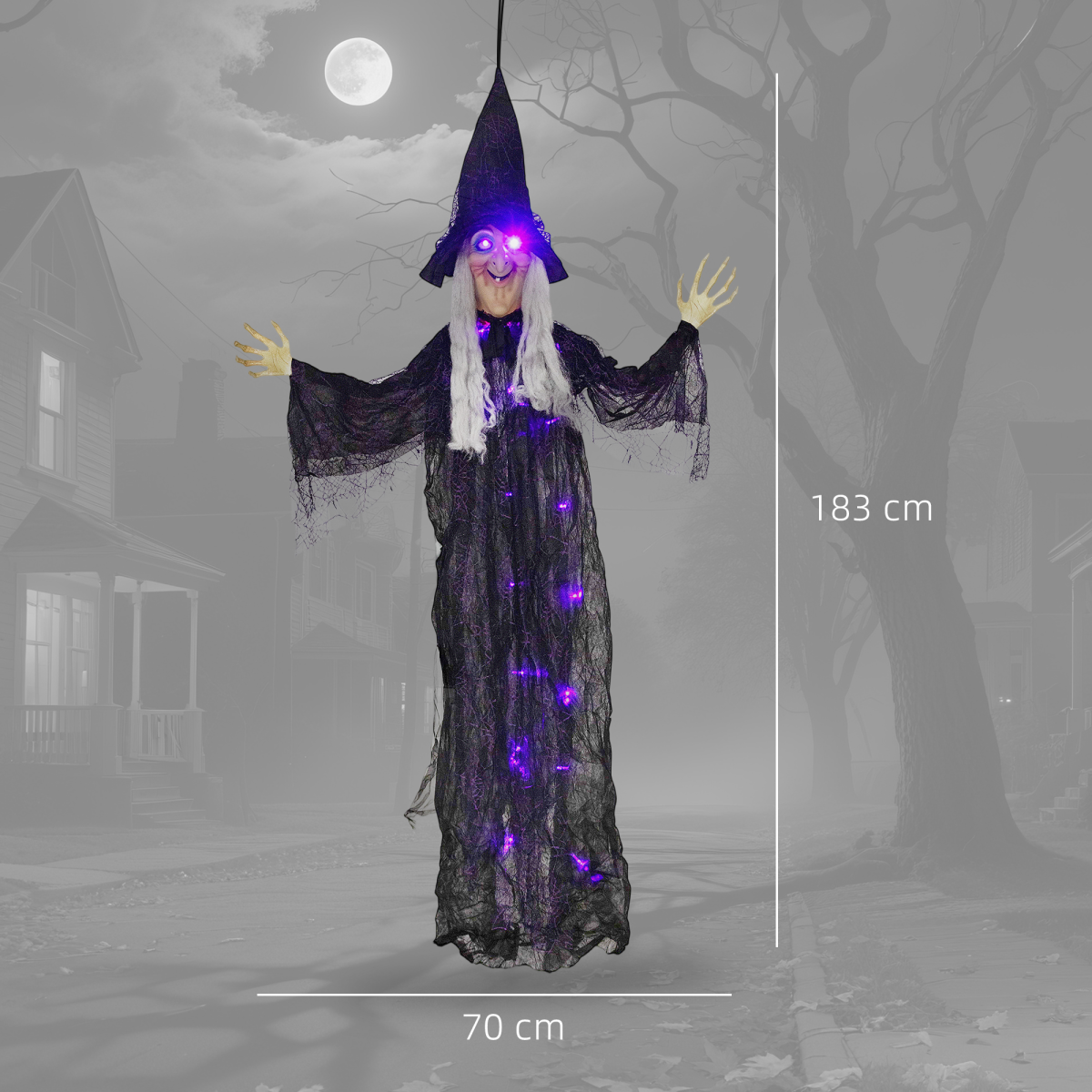 Outsunny Voice Activated Halloween Animatronics Witch, 183cm Life-Sized with Sound and Light Effects, Black