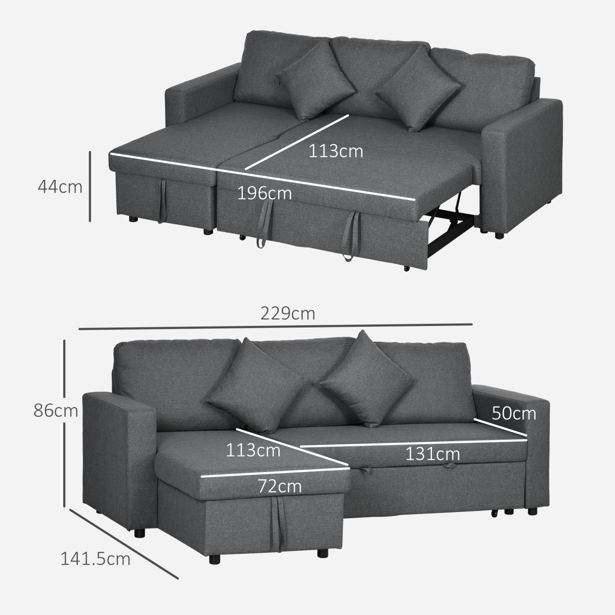 HOMCOM corner sofa bed hidden storage compartment open