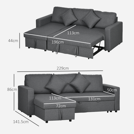 HOMCOM corner sofa bed hidden storage compartment open