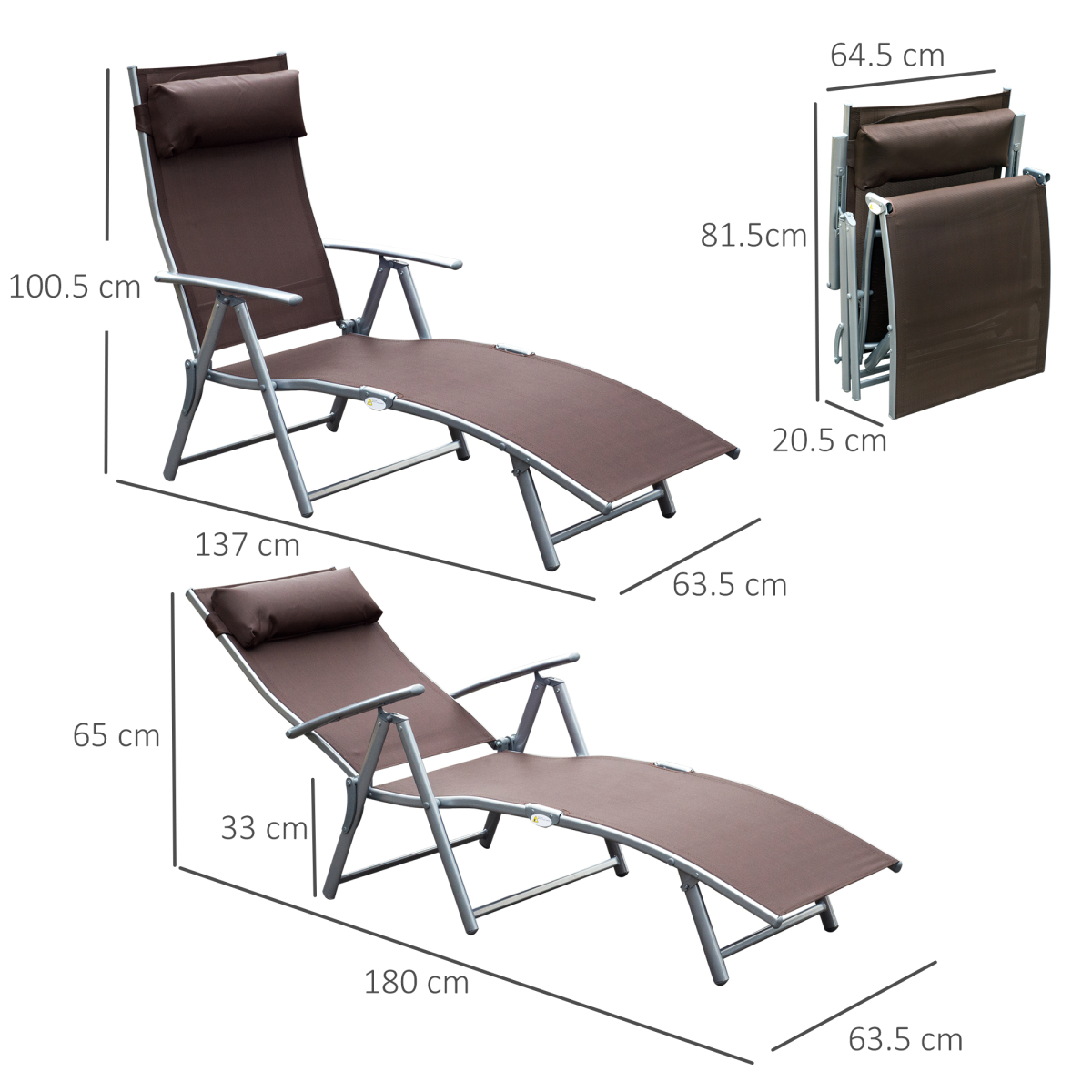 Outsunny Heavy-Duty Foldable Sun Lounger with 7-Level Recline & Pillow, Steel Frame, Texteline – Brown