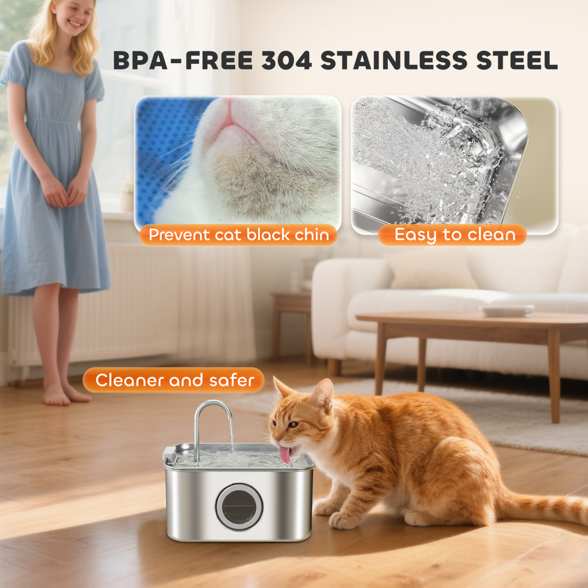 PawHut 3.2L Stainless Steel Cat Water Fountain with Filtration, LED Water Level Window and Quiet Pump