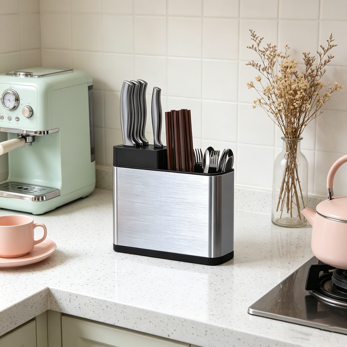 Stainless Steel Cutlery Holder with 3 Compartments – Free-Standing Knife Block and Utensil Organiser, Silver