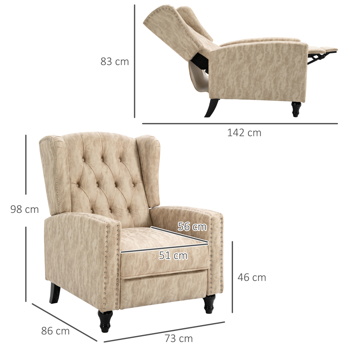 HOMCOM Marble-Effect Manual Reclining Armchair with Footrest & Decorative Studs – Living Room Recliner, Beige