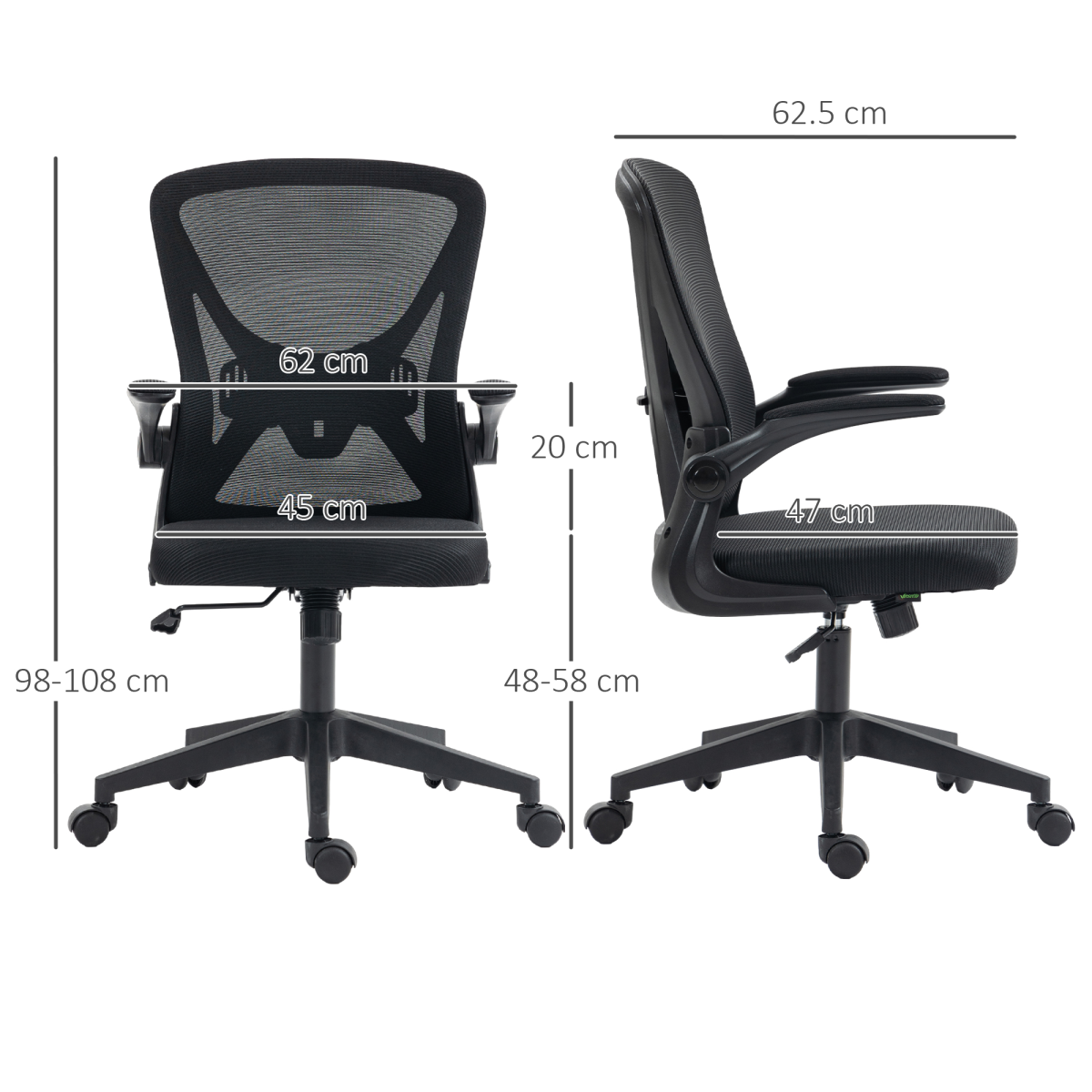 Vinsetto Mesh Office Chair with Lumbar Support, Flip-Up Armrests & Swivel Wheels, Black