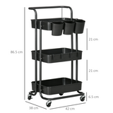 3-Tier Utility Cart with Mesh Baskets, Removable Boxes & Smooth-Rolling Wheels – Black Mobile Storage Trolley