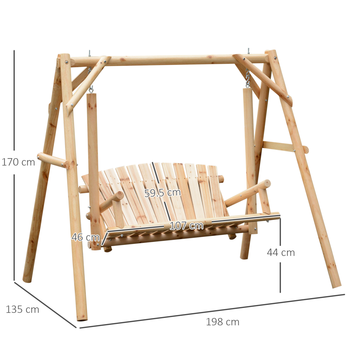 Outsunny 2-Seater Wooden Porch Swing Bench with Armrests & Curved Back – Rustic Garden Hanging Seat