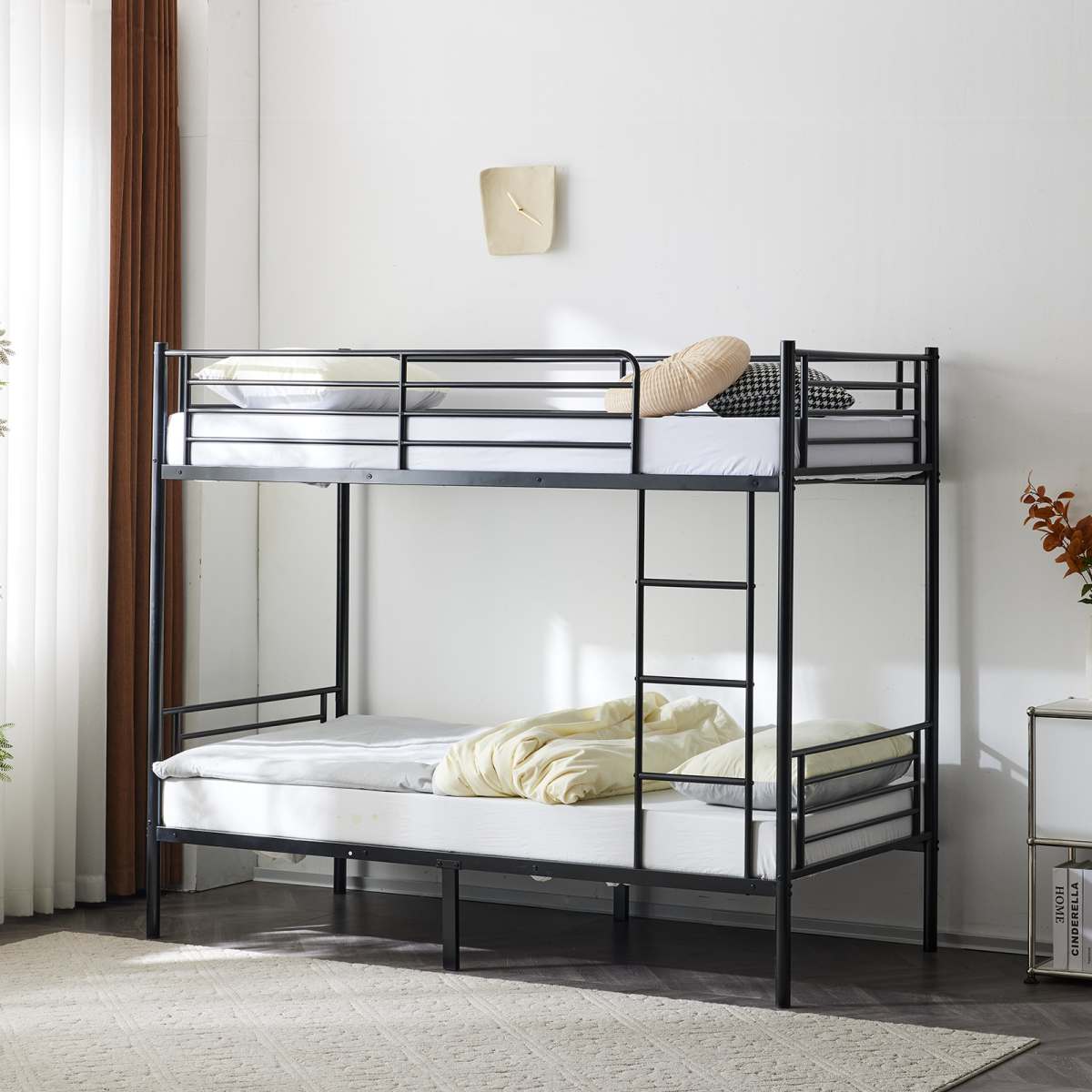 Heavy Duty Metal Single Bunk Bed with Ladder & Guard Rail – Space-Saving Frame, Black