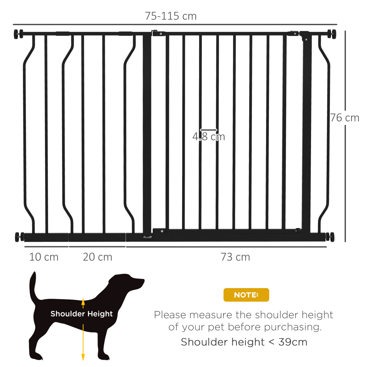PawHut Wide Dog Gate with Door, Pressure Fit Stair Gate, 75–115 cm Adjustable – Pet Barrier, Black