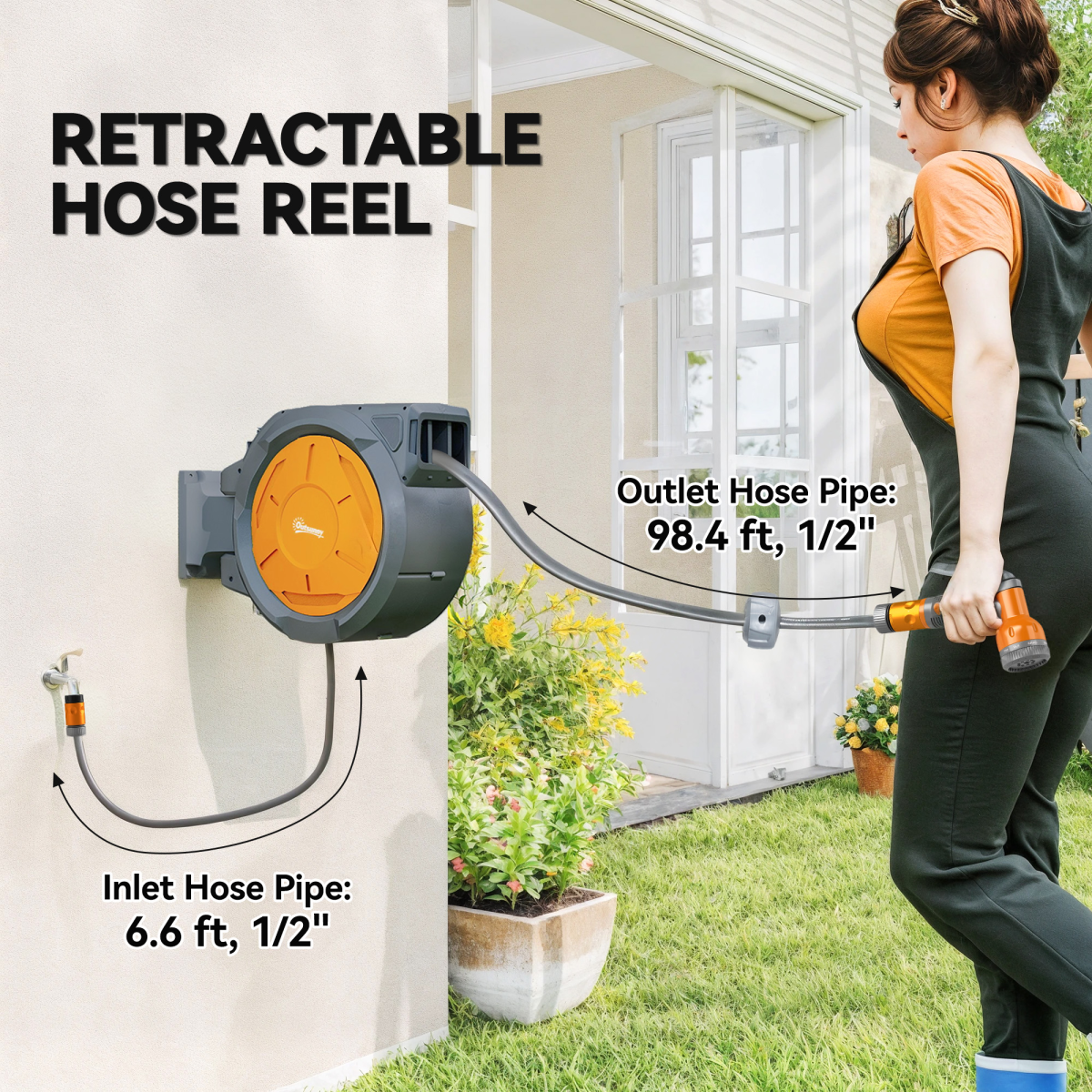 Outsunny 30m Retractable Garden Hose Reel with Lock, Wall Mounted – 7 Watering Patterns, Orange