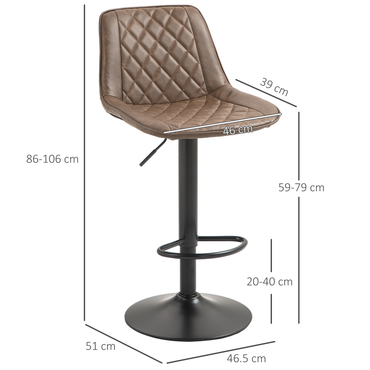 HOMCOM Set of 2 Adjustable 360° Swivel Bar Chairs with Backrest & Footrest – Kitchen Island Seating, Brown
