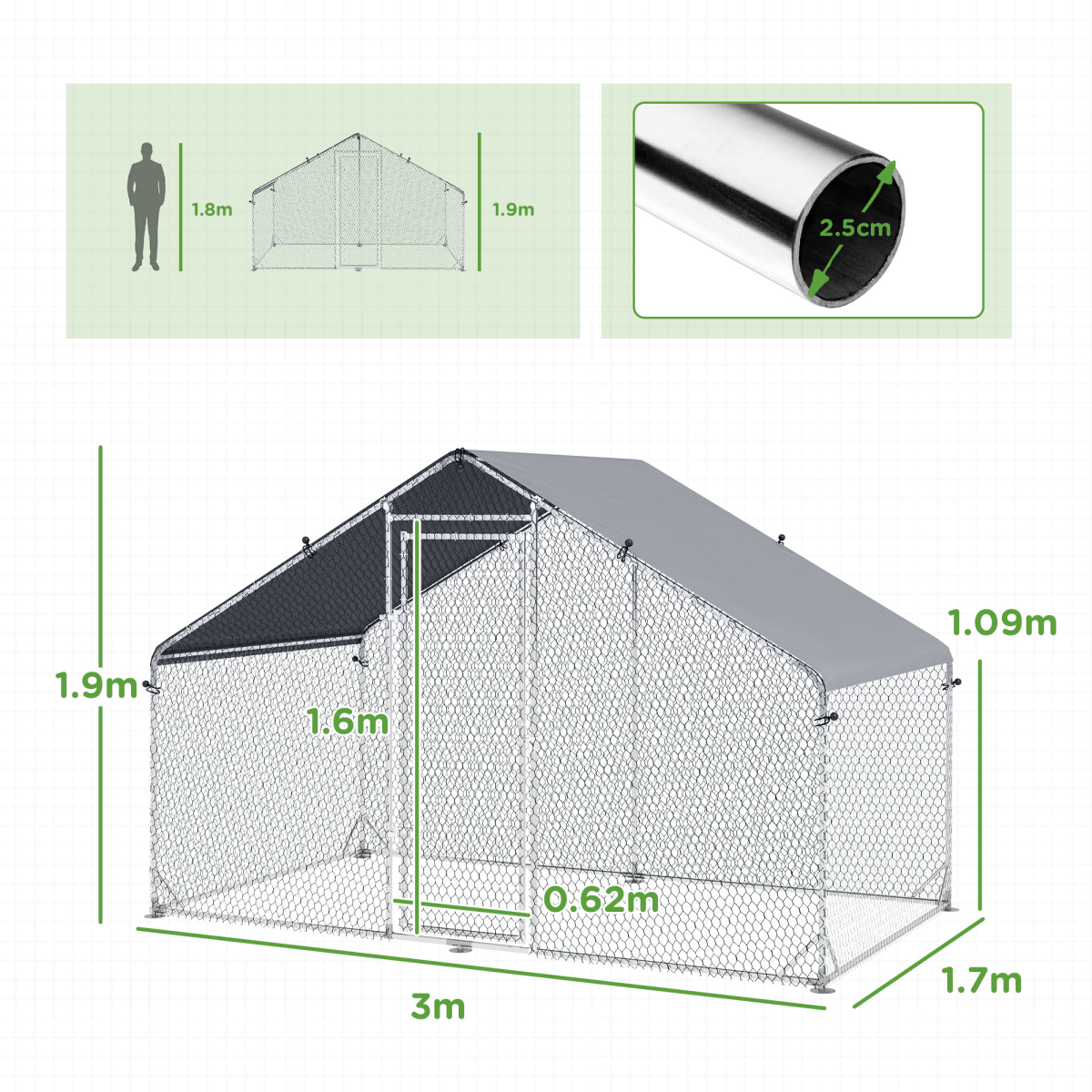 PawHut Walk-In Chicken Run with Waterproof Cover, 3 x 1.7 x 1.9m – Galvanised Steel Coop Enclosure, Silver