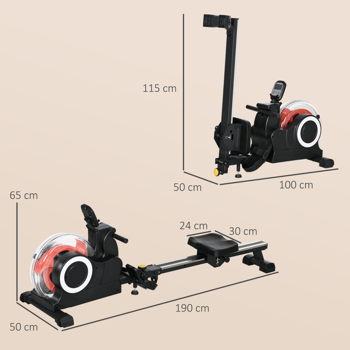 SPORTNOW Foldable Water Rowing Machine with 6 Resistance Levels, LCD Monitor & Wheels – Home Gym Rower, Black