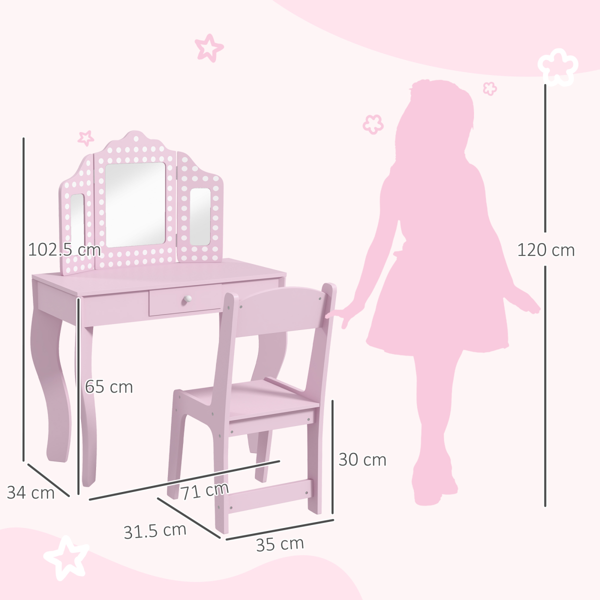 AIYAPLAY Kids Dressing Table Set with Tri-Fold Mirror, Stool and Drawer – Playroom Make Up Vanity, Pink