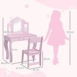 AIYAPLAY Kids Dressing Table Set with Tri-Fold Mirror, Stool and Drawer – Playroom Make Up Vanity, Pink