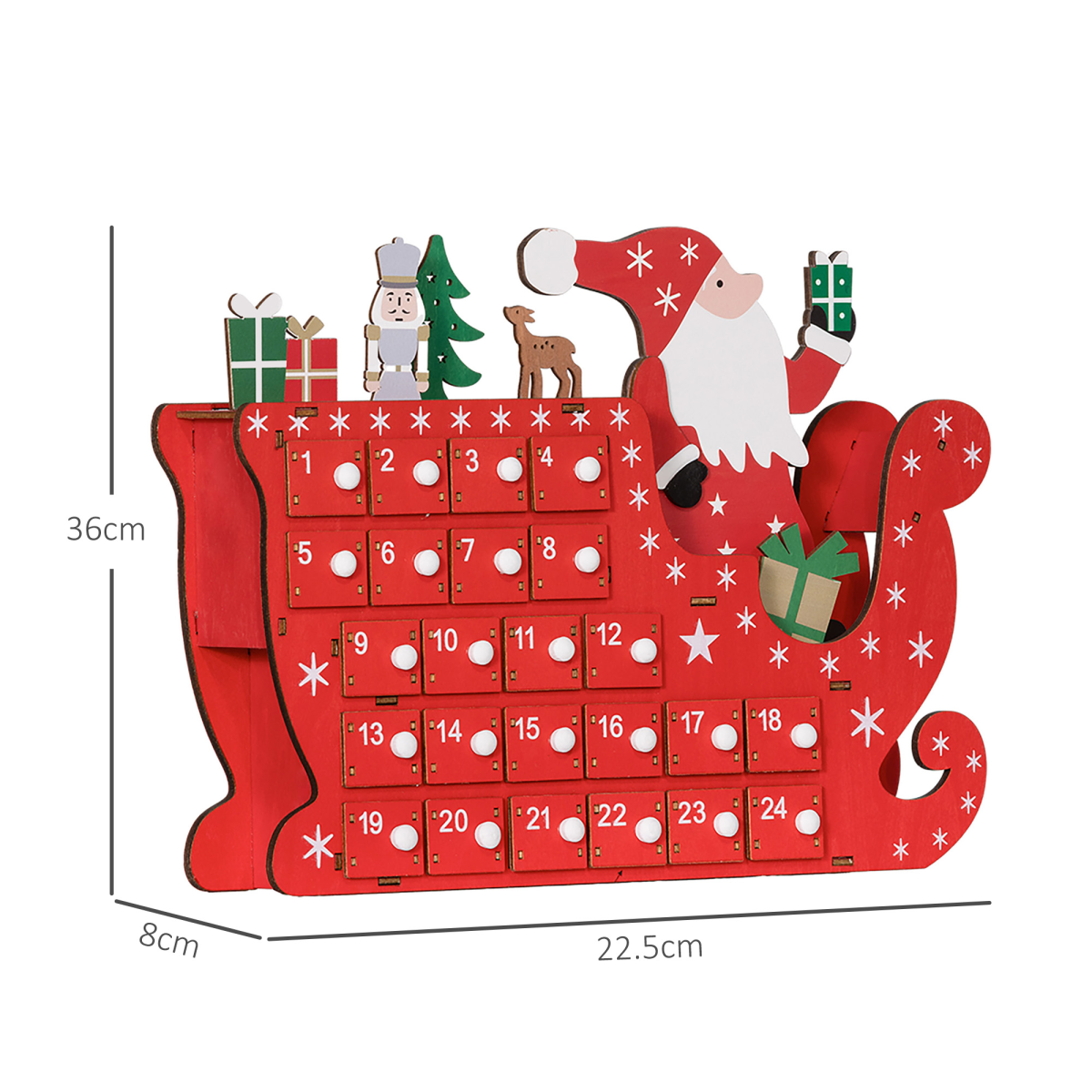 HOMCOM Advent Calendar with 24 Fillable Drawers – Santa Sleigh Christmas Countdown Calendar, Red