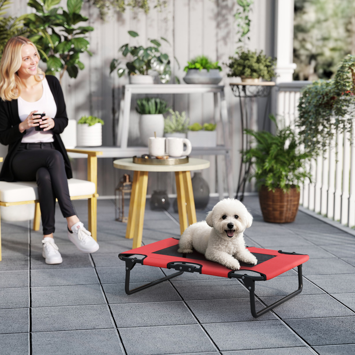 Foldable Elevated Dog Bed with Breathable Texteline Mesh & Steel Frame – Raised Pet Bed for Small to Medium Dogs, Red