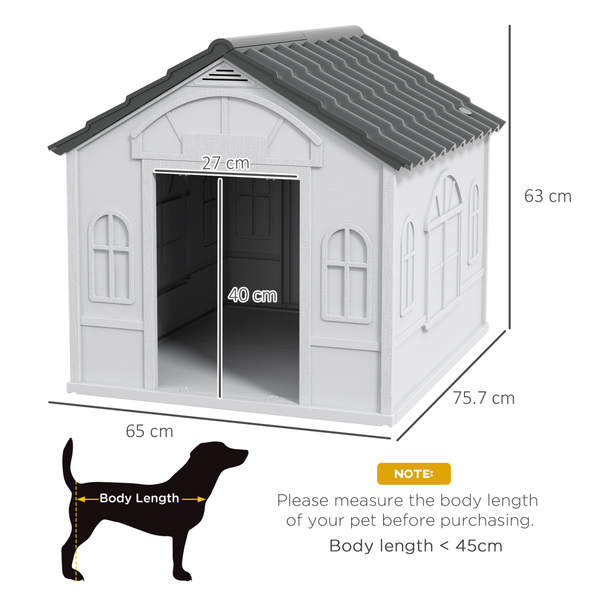 PawHut Weather-Resistant Dog House with Cottage Windows – Puppy Shelter for Medium Dogs up to 20kg, Grey