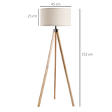 HOMCOM Rubberwood Tripod Floor Lamp with Fabric Shade – Stylish Living Room Lighting, Beige