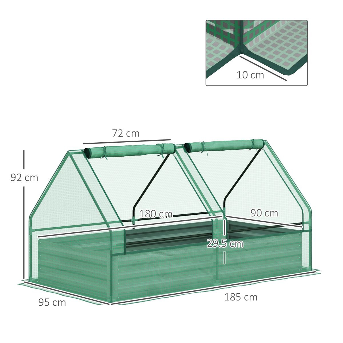 Outsunny Raised Garden Bed Planter with Mini Greenhouse Cover, Galvanised Steel Frame, Two Windows, 180 x 90cm