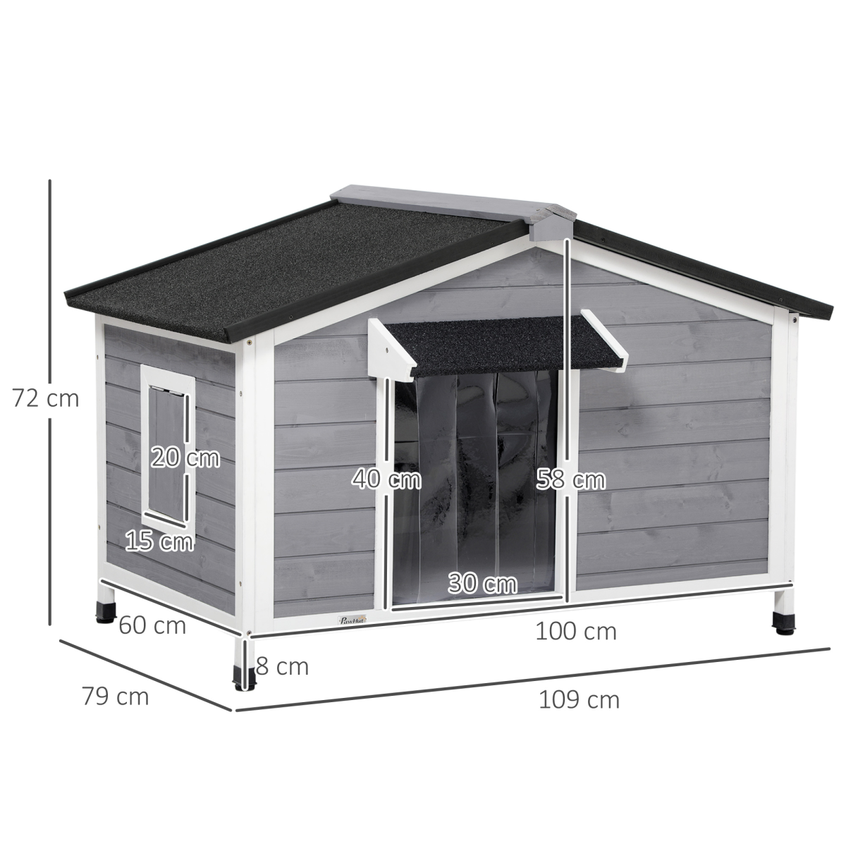 PawHut Large Wooden Dog Kennel for Outside with Door Eaves – Fir Wood Pet House, 109 x 79 x 72 cm, Grey
