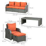 Outsunny 6-Piece Padded Rattan Garden Sofa Set with 3-Seater Sofa, 2 Reclining Armchairs, 2 Footstools & Table – Orange