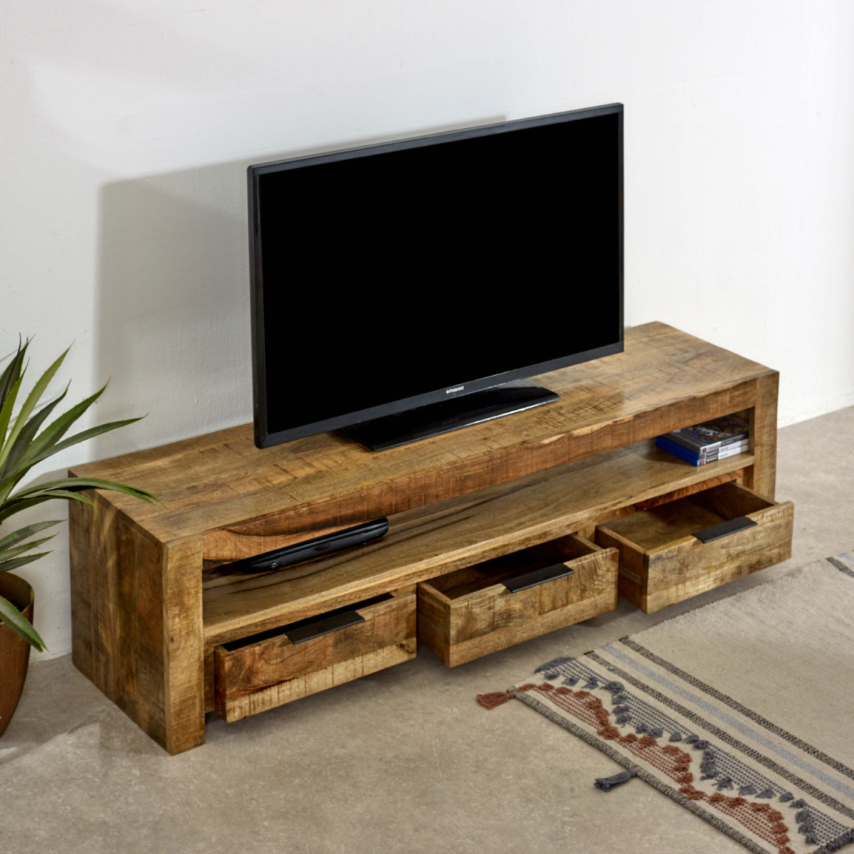 Surrey Solid Mango Wood Large TV Unit with 3 Drawers – Handmade Media Storage, Natural Finish