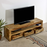 Surrey Solid Mango Wood Large TV Unit with 3 Drawers – Handmade Media Storage, Natural Finish