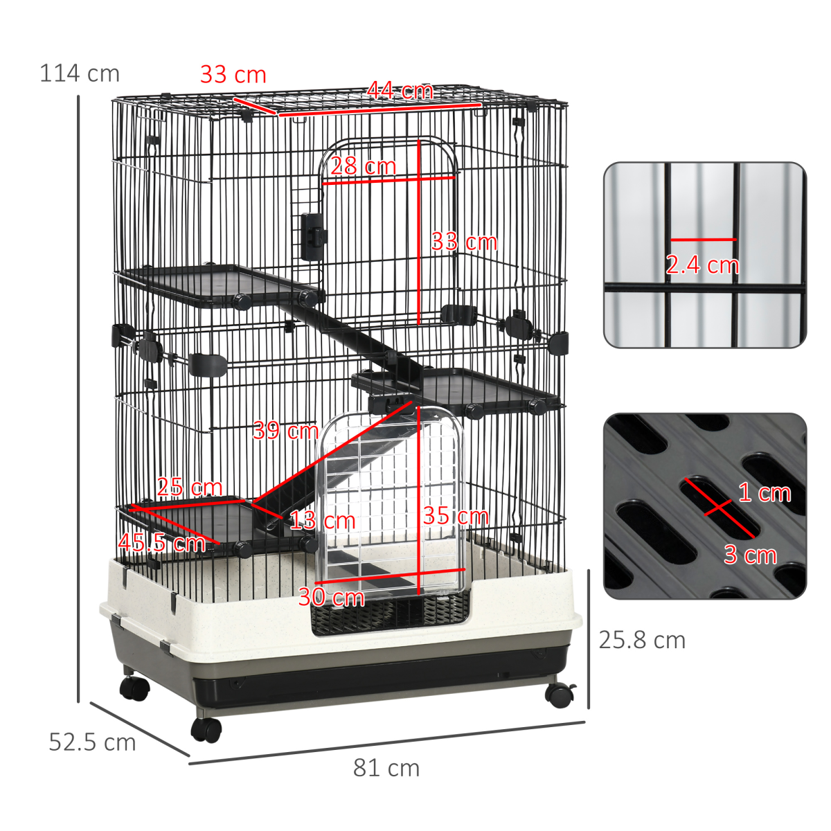 PawHut Three-Tier Small Animal Cage with Ramps & Wheels – Pet Play House for Rabbits, Ferrets & Chinchillas