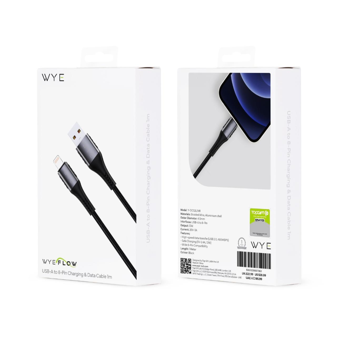 WYEFLOW USB-A to 8-Pin Braided Fast Charging and Data Cable, 1m – Black