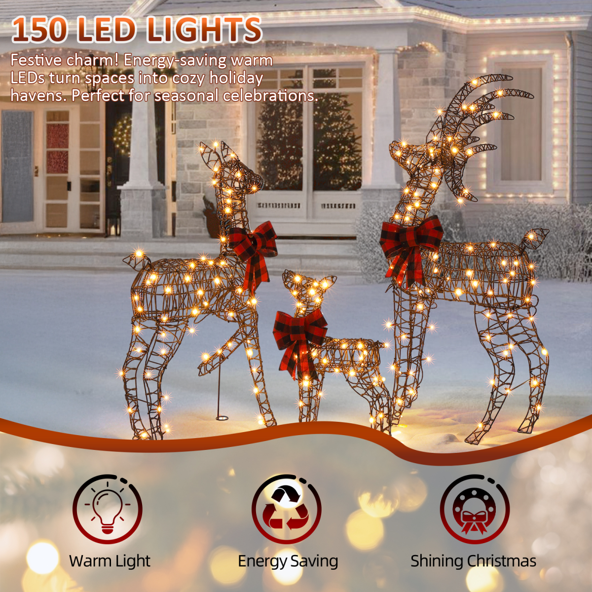 3-Piece Lighted Christmas Reindeer Family Set with 210 Warm White LEDs – Indoor and Outdoor Decoration