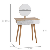 HOMCOM Nordic Dressing Table with Adjustable Round Mirror and Large Drawer – Solid Wood Vanity, Brown/White