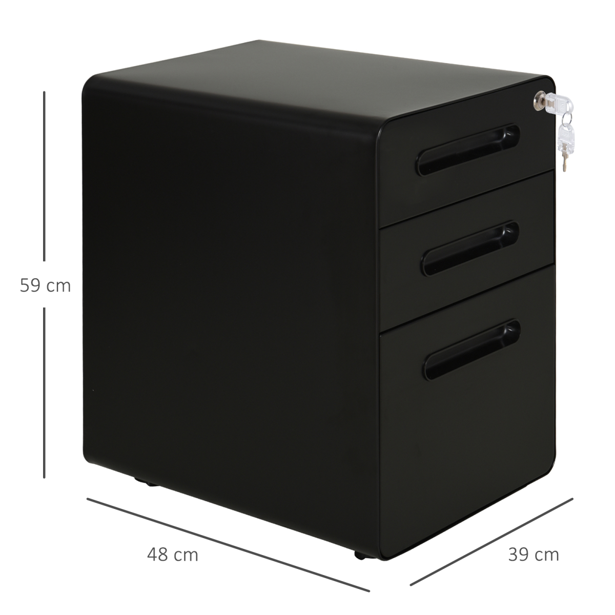 Vinsetto 3-Drawer Steel Filing Cabinet with 4 Wheels, Lockable – Under-Desk Office Storage, Black