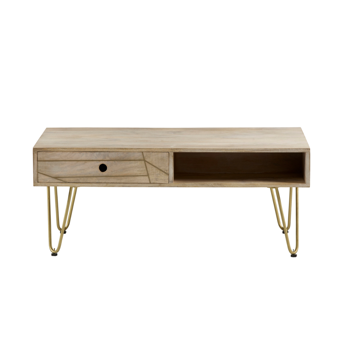 Rectangular Coffee Table with Drawer & Light Gold Metal Inlay – Solid Wood Living Room Table