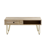 Rectangular Coffee Table with Drawer & Light Gold Metal Inlay – Solid Wood Living Room Table