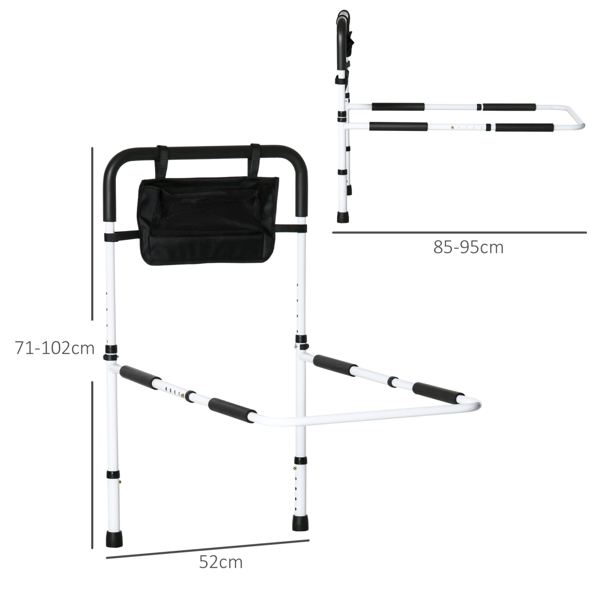 Adjustable Bed Assist Rail Grab Bar with Side Pocket & Foam Grip – Safety Handle for Flat-Frame Beds, White