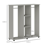 HOMCOM Mobile Double Open Wardrobe with 2 Hanging Rails and Wheels – Bedroom Clothes Storage, Grey