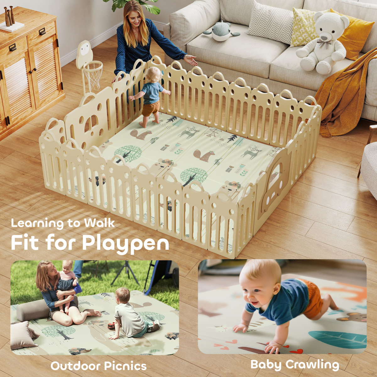 Foldable Baby Play Mat – Reversible Animal Foam Crawling Mat, 196 x 176 cm