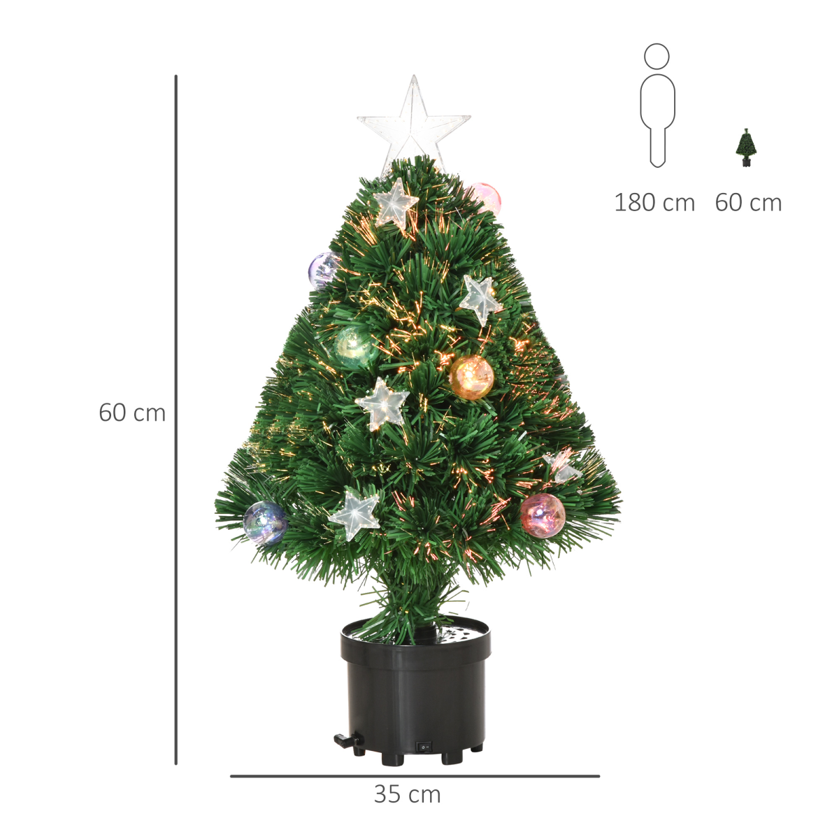 HOMCOM 2ft Pre-Lit Artificial Christmas Tree with Fibre Optic and 60 Warm White LEDs – Tabletop Pot Tree, Green