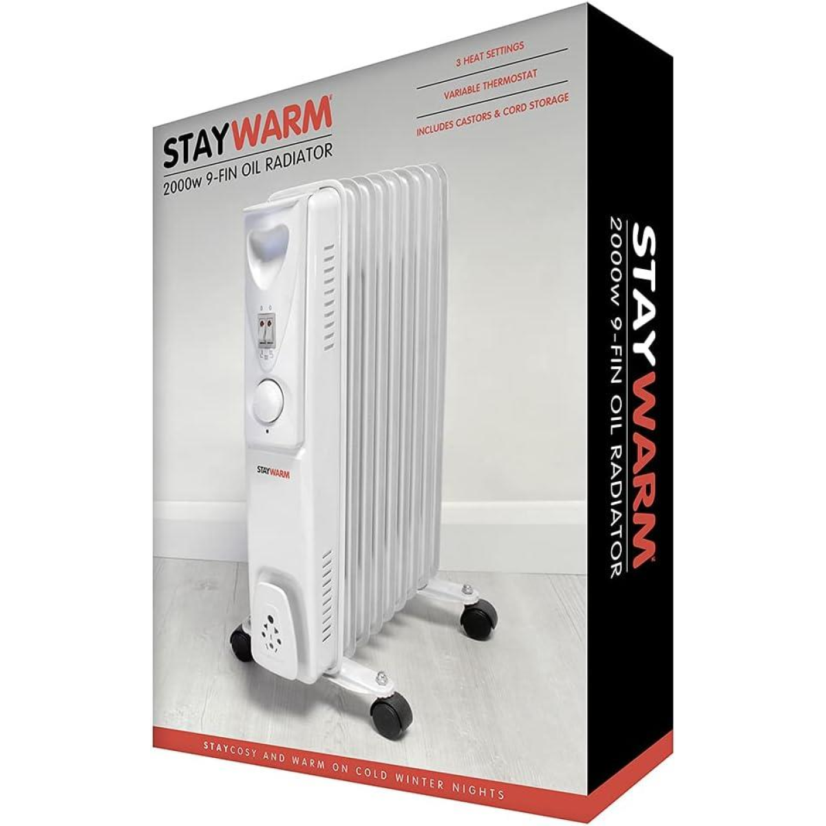 StayWarm 2000W 9 Fin Oil Filled Radiator with Variable Thermostat & Castor Wheels – Grey