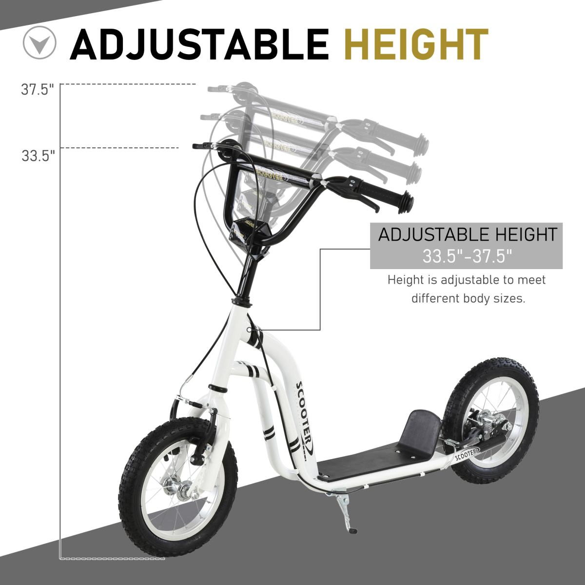Kids Scooter with 12 Inch Inflatable Football-Design Wheels & Adjustable Handlebar – Steel Frame, Ages 5+, White