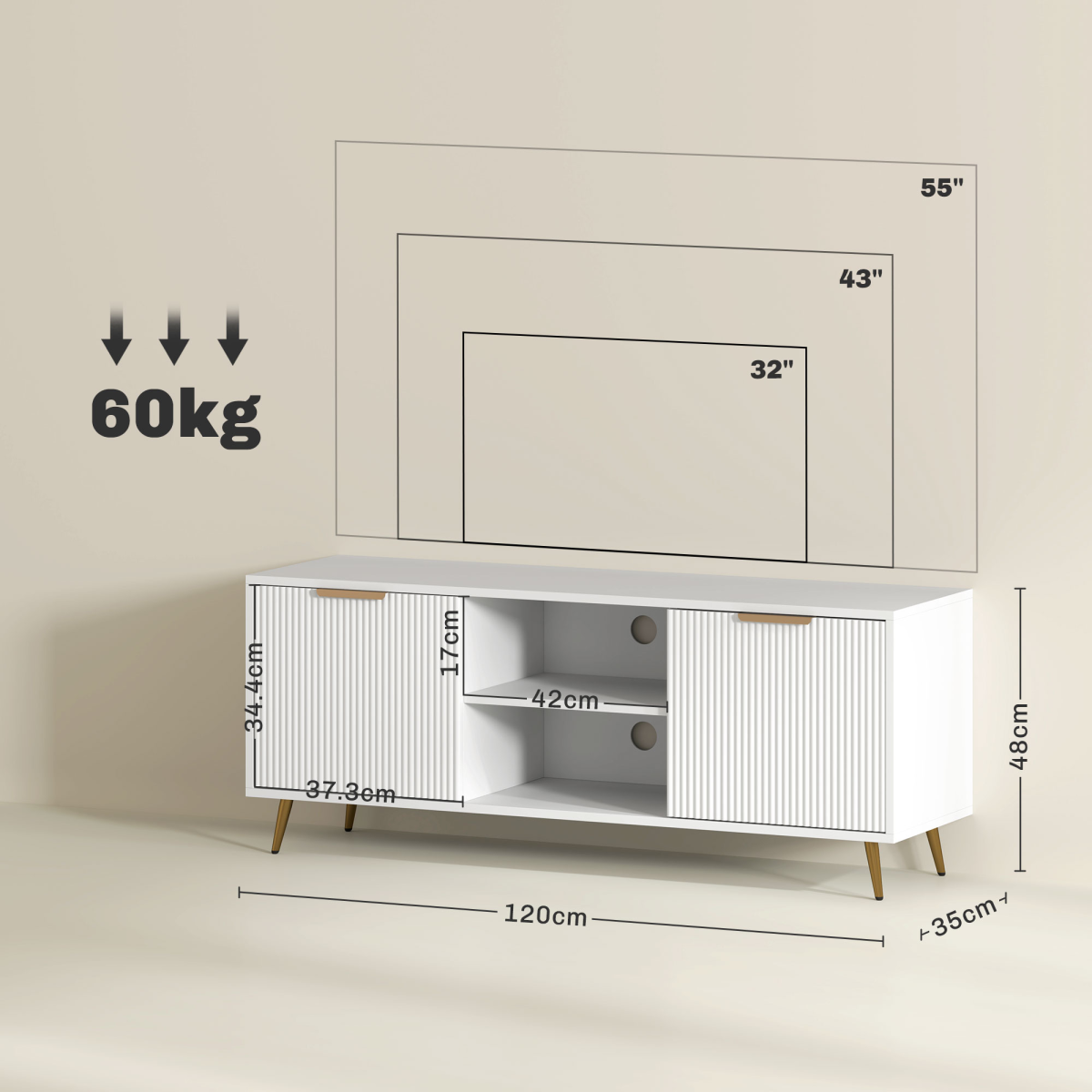 HOMCOM Modern TV Stand Cabinet with Cupboards, Open Shelves & Cable Holes – Storage for TVs up to 55 Inch, White