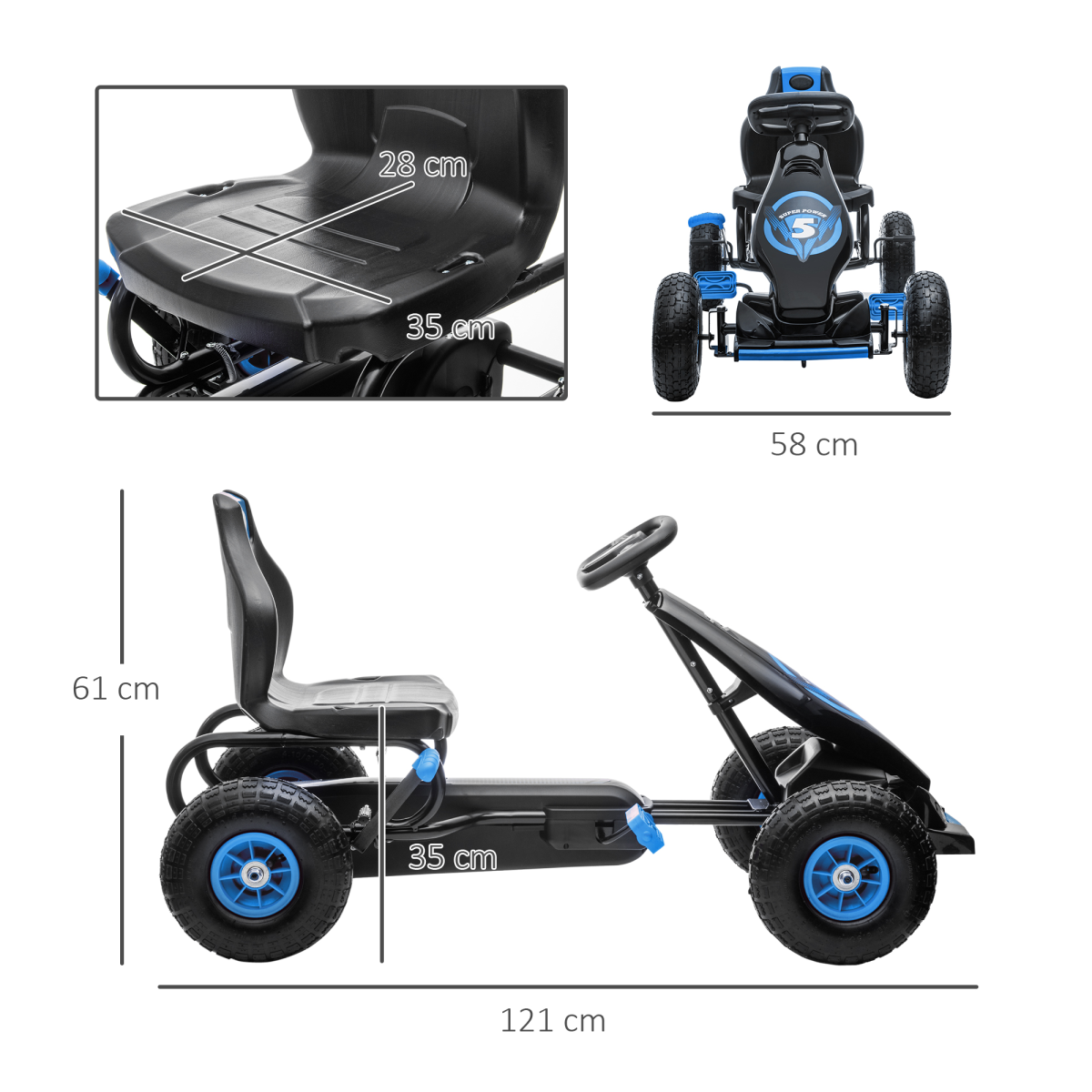 HOMCOM Kids Pedal Go Kart with Adjustable Seat, Rubber Wheels & Handbrake – Ages 5-12, Blue