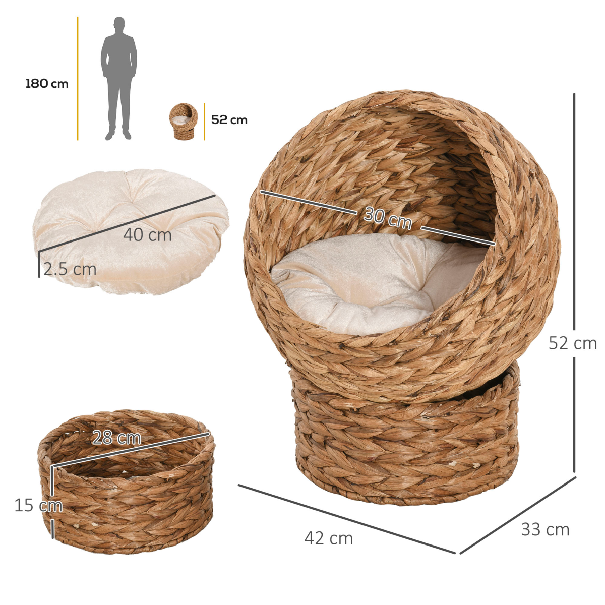 PawHut Wicker Cat House with Raised Cylindrical Base and Removable Cushion – Water Hyacinth Cat Bed