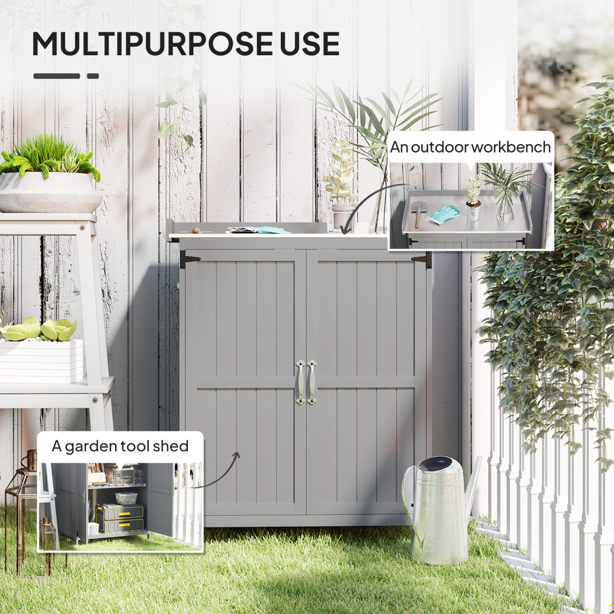 Outsunny Garden Storage Bench with Stainless Steel Worktop, Double Doors & Inner Shelves – Grey Fir Wood Cabinet