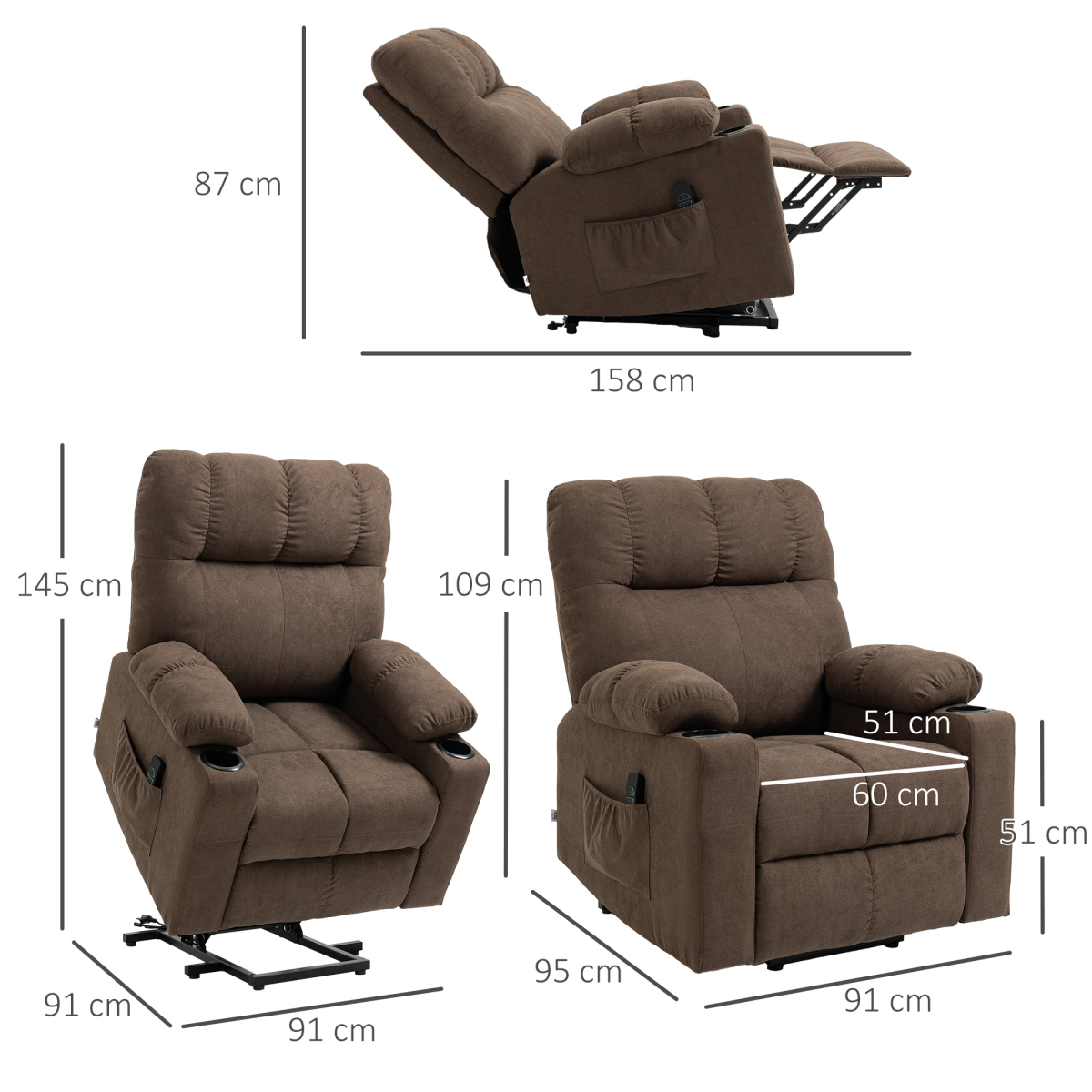 HOMCOM Heavy Duty Riser and Recliner Lift Chair with Cup Holders for the Elderly, Brown